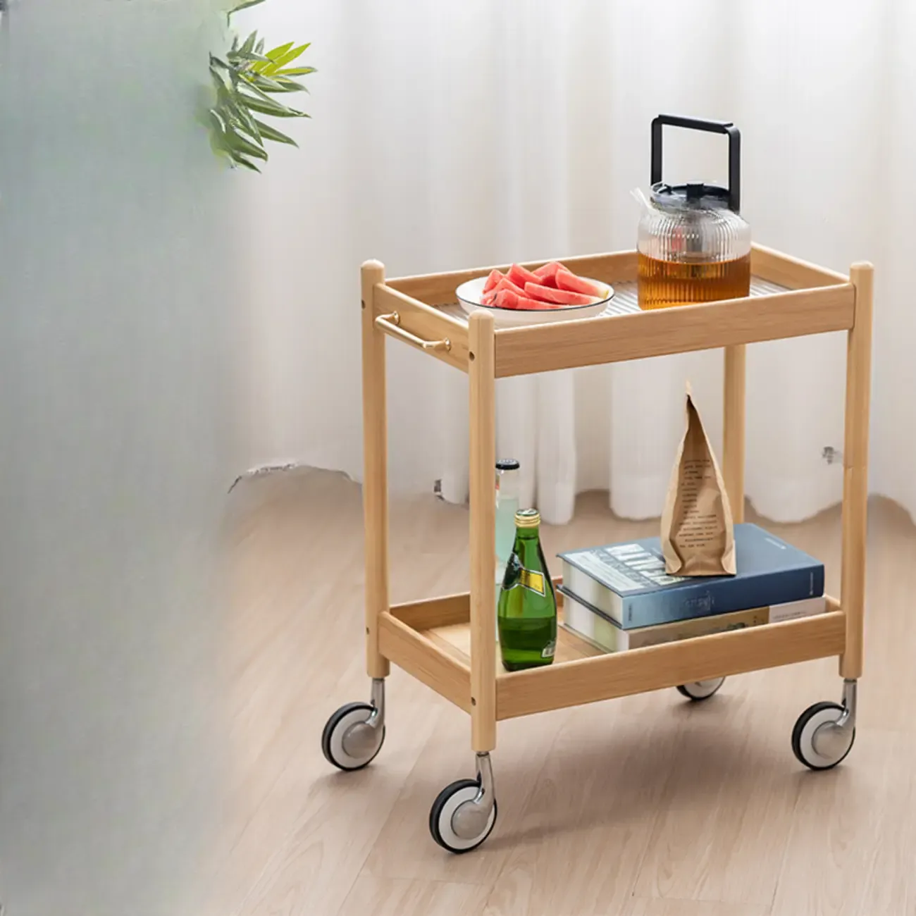 Wooden 2-Tier Side Table with Wheels for Living Room Image - 6