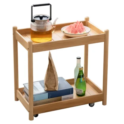 Wooden 2-Tier Side Table with Wheels for Living Room Image - 8