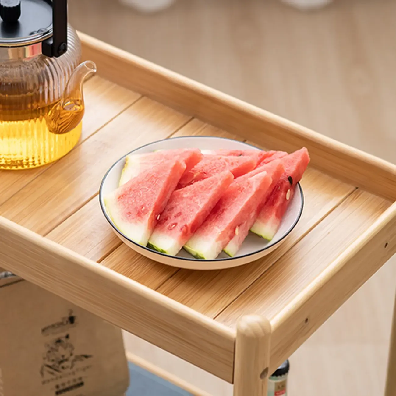 Wooden 2-Tier Side Table with Wheels for Living Room Image - 11