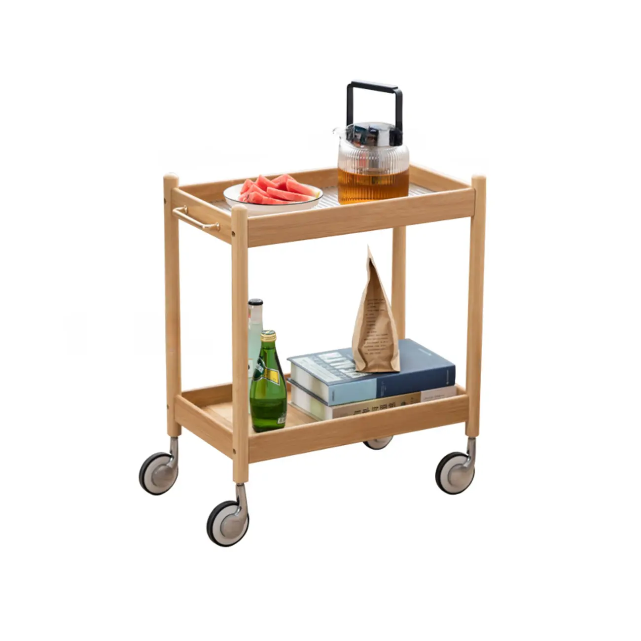 Wooden 2-Tier Side Table with Wheels for Living Room Image - 13 | homeyfad