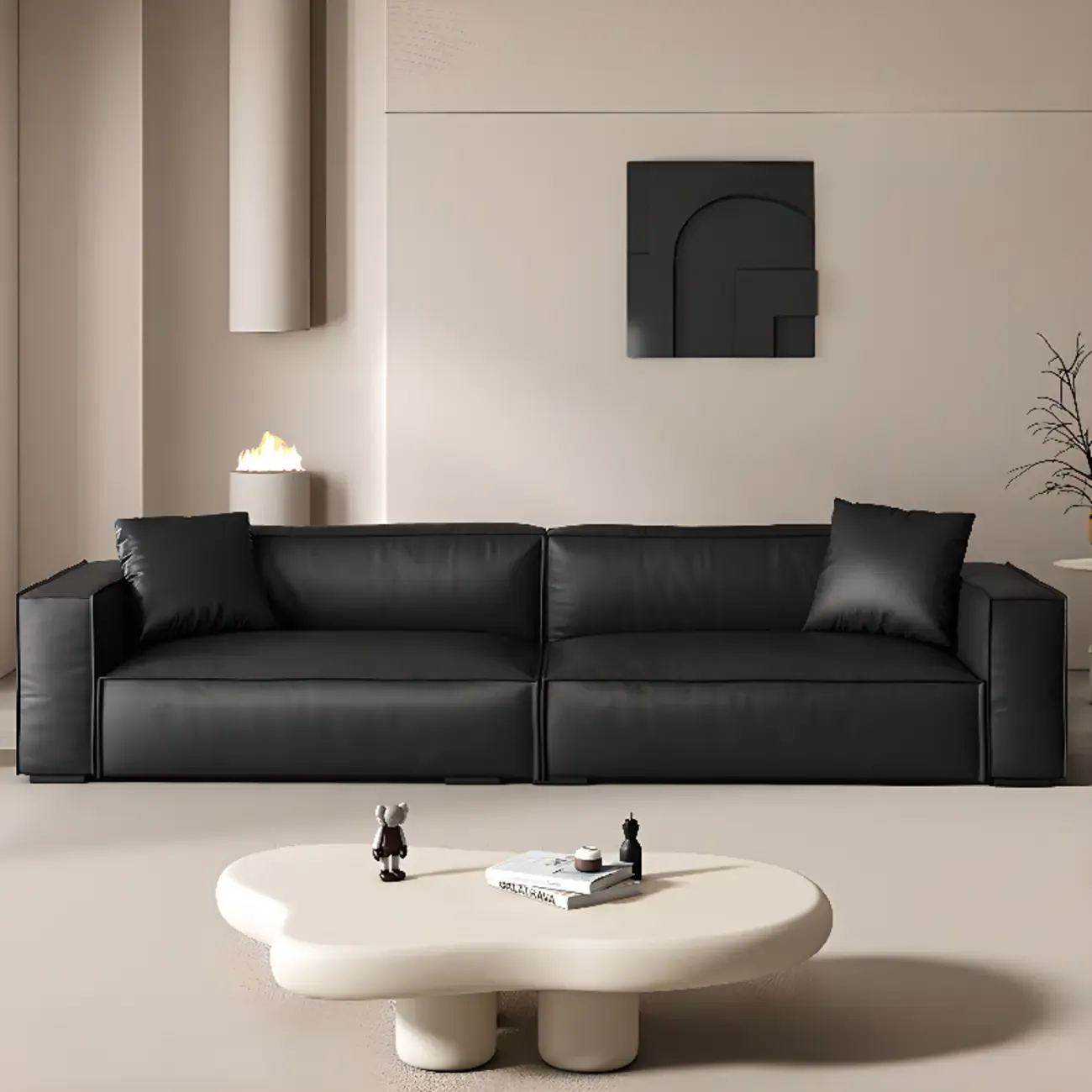 Modern Black Leather Loveseat Sofa with Pillows Image - 1