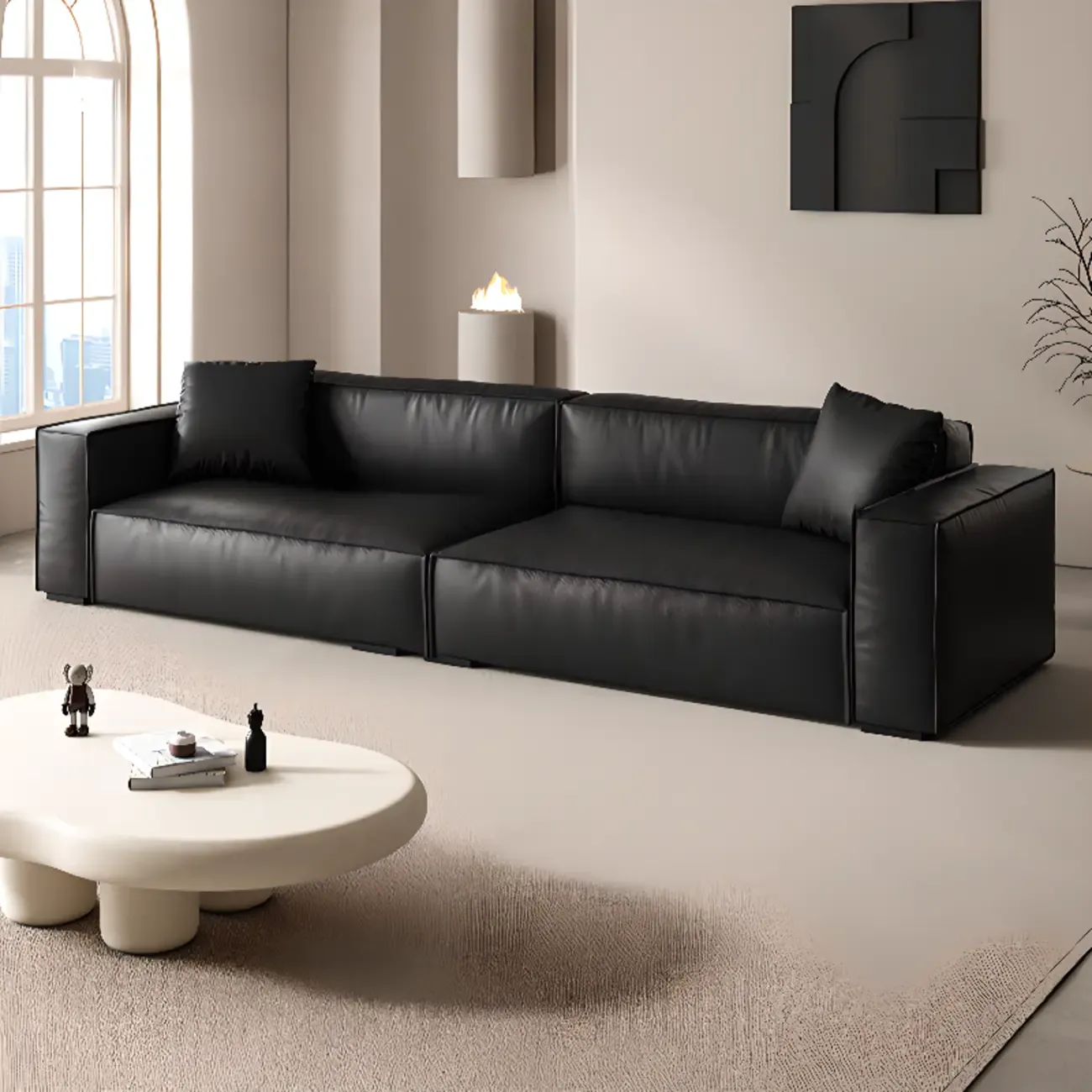 Modern Black Leather Loveseat Sofa with Pillows Image - 4