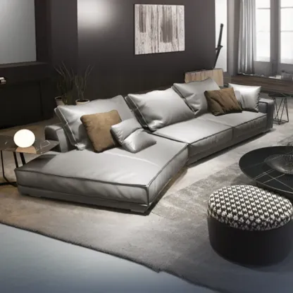 Modern Grey Nappa Sectional Sofa with Pillows for Living Room Image - 4