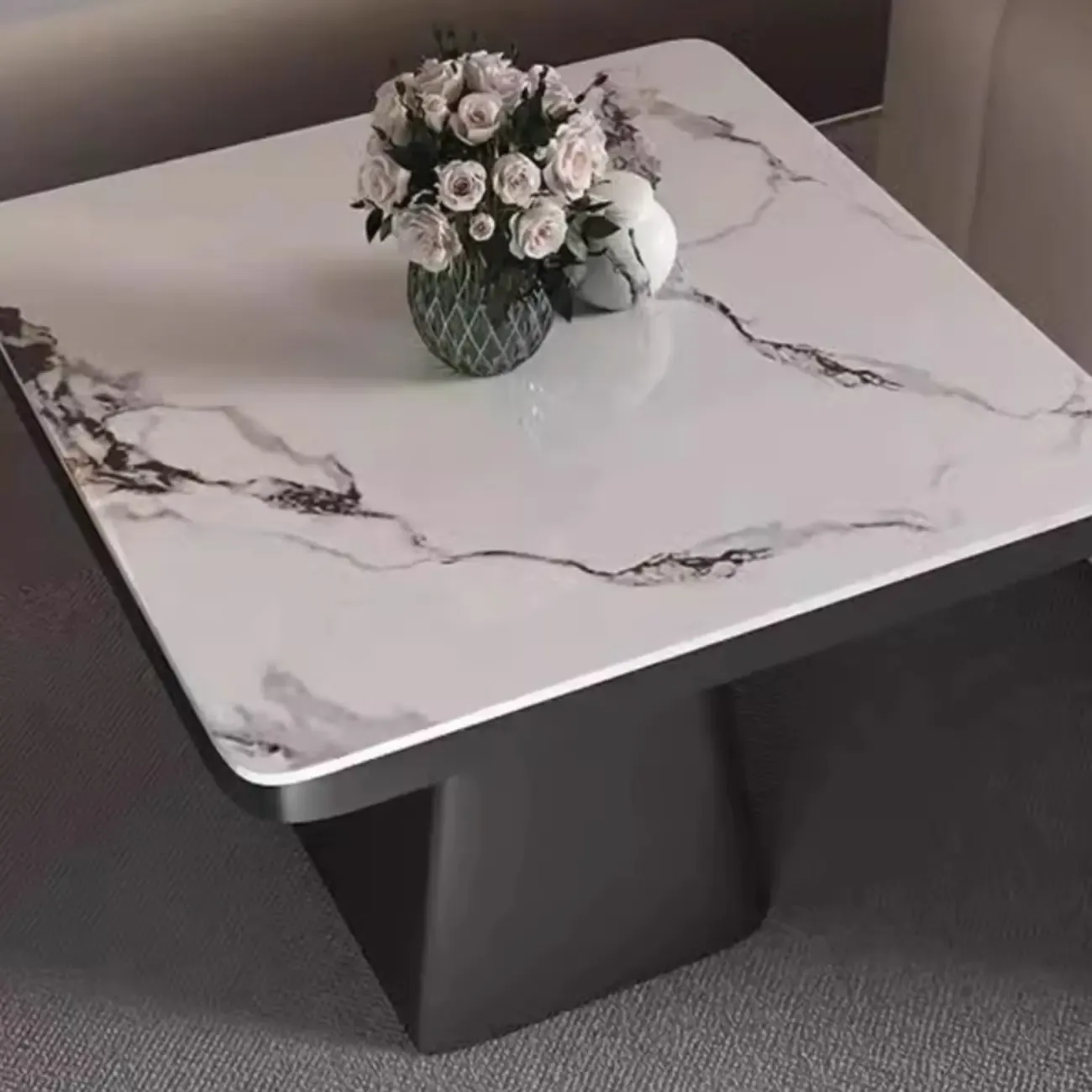 Black Square Sintered Stone Top End Table for Living Room Image - 12