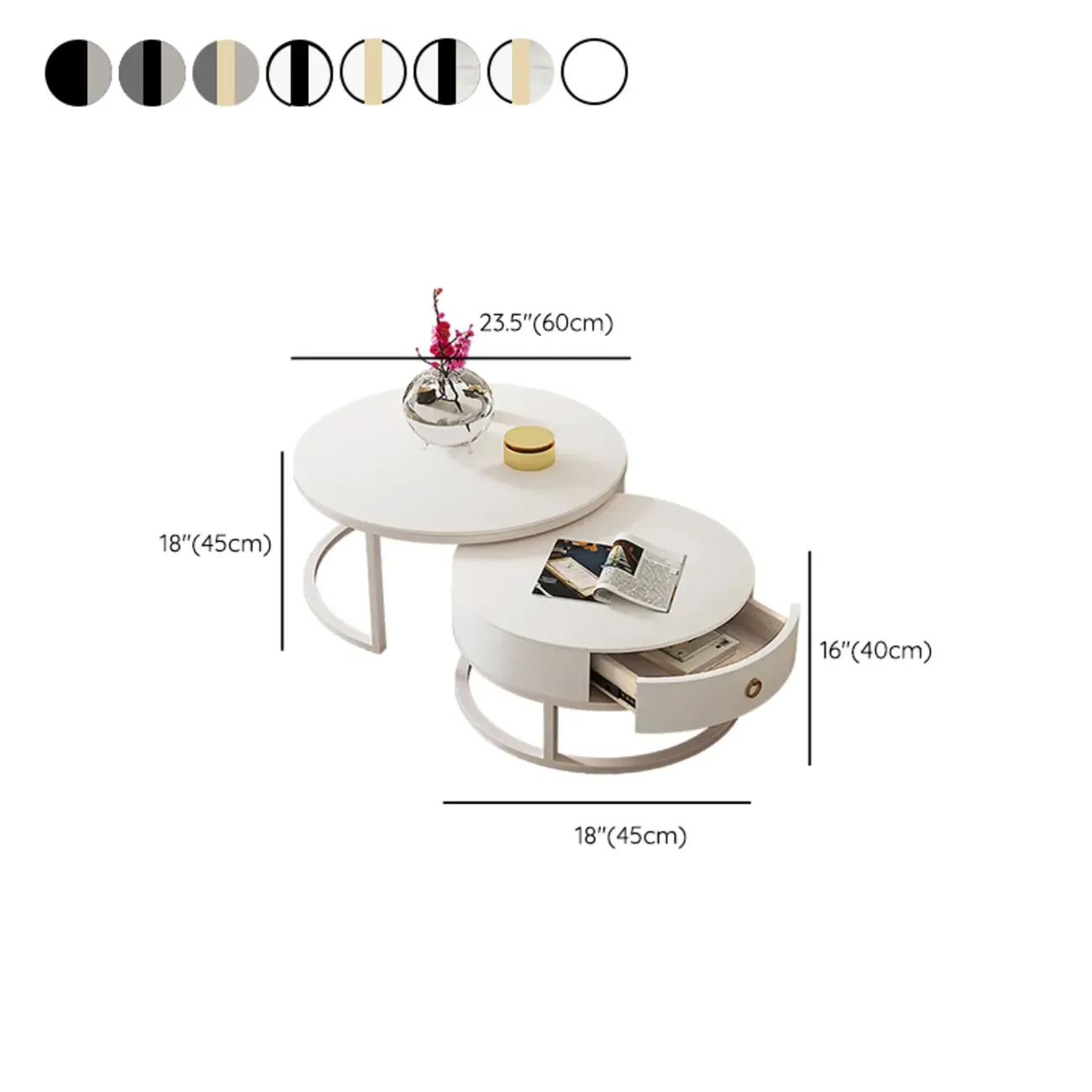 Elegant Marble White Round Coffee Table with Storage #size