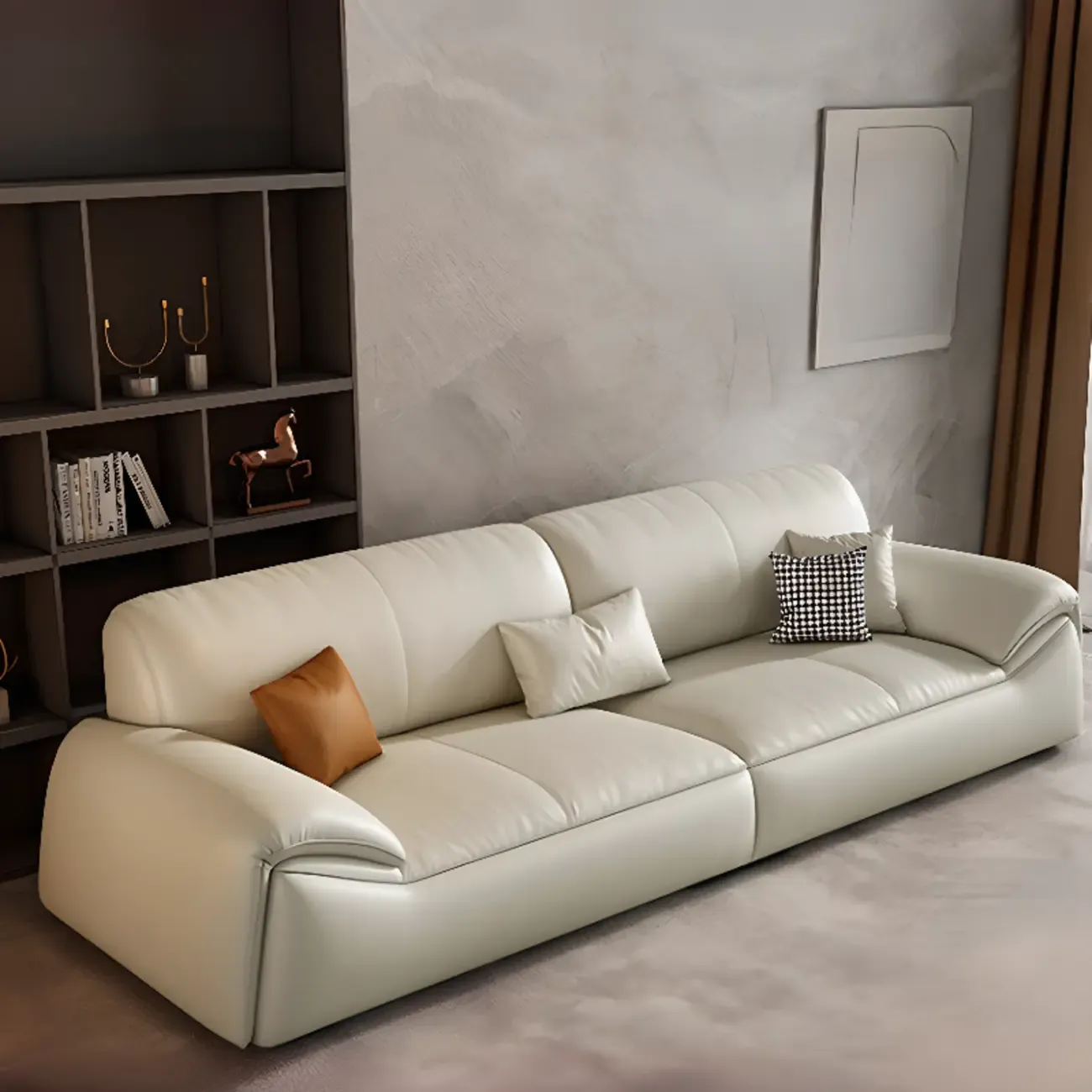 Modern Leather Living Room Sofa in White Upholstered 3-Seater Sofa Couch with Arm Image - 1