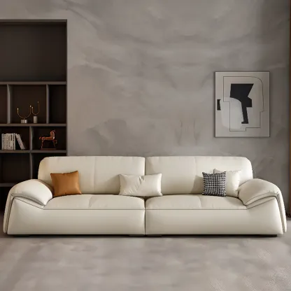 Modern Leather Living Room Sofa in White Upholstered 3-Seater Sofa Couch with Arm Image - 4