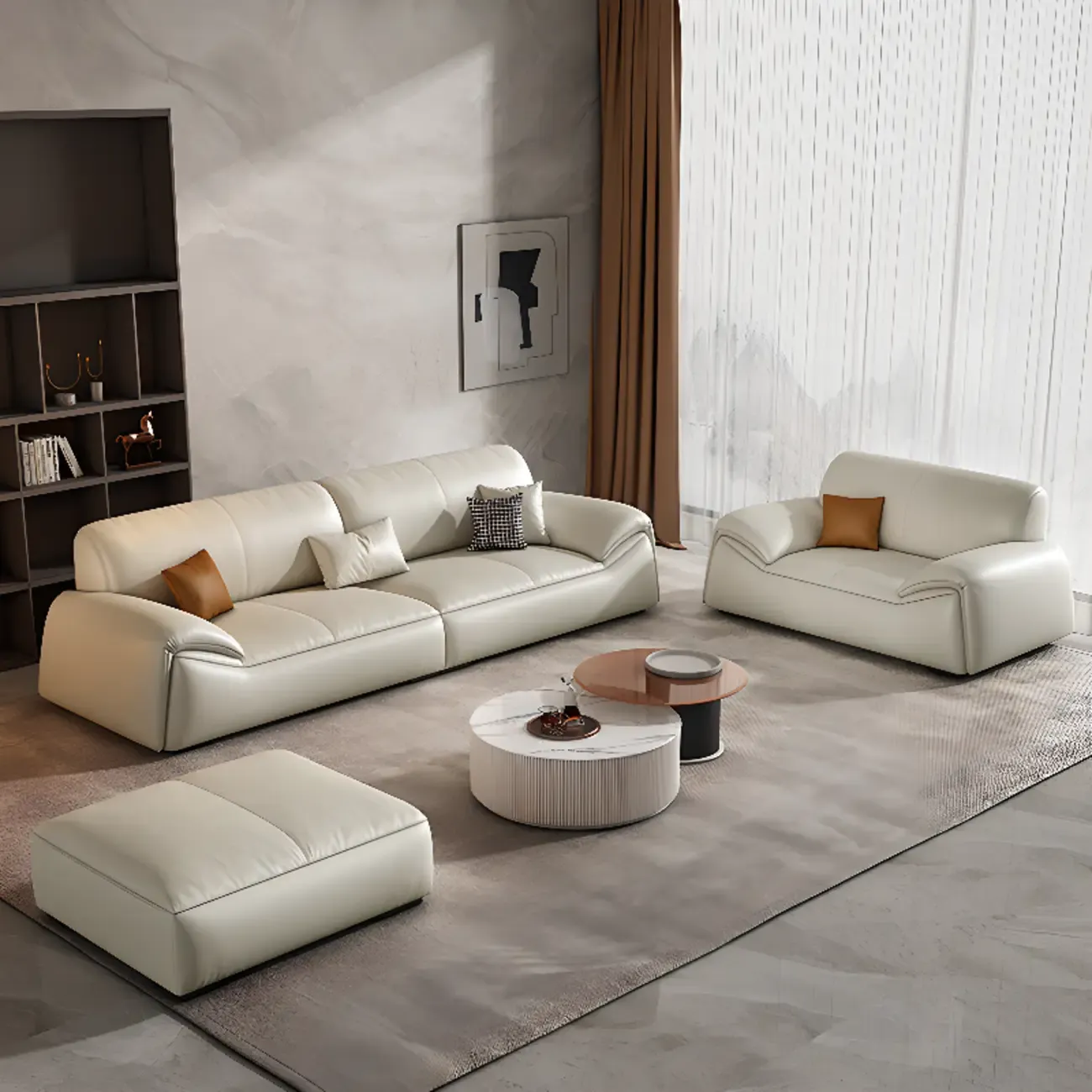 Modern Leather Living Room Sofa in White Upholstered 3-Seater Sofa Couch with Arm Image - 6