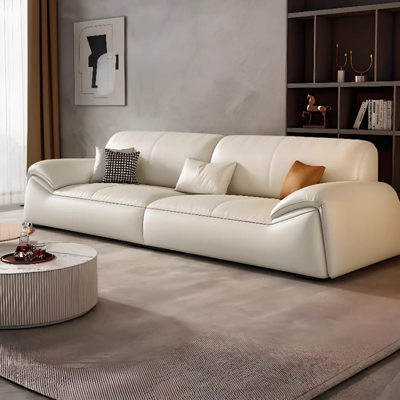 Modern Leather Living Room Sofa in White Upholstered 3-Seater Sofa Couch with Arm Image - 7 | homeyfad