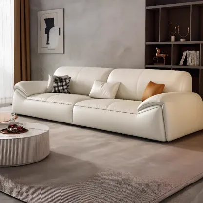 Modern Leather Living Room Sofa in White Upholstered 3-Seater Sofa Couch with Arm Image - 7