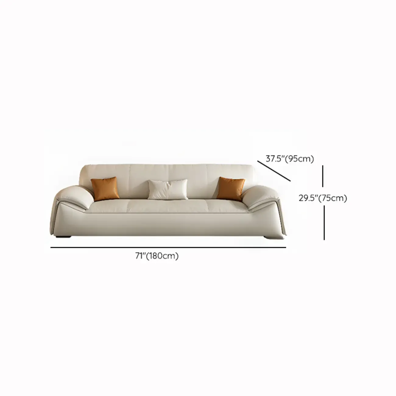 Modern Leather Living Room Sofa in White Upholstered 3-Seater Sofa Couch with Arm Image - 12