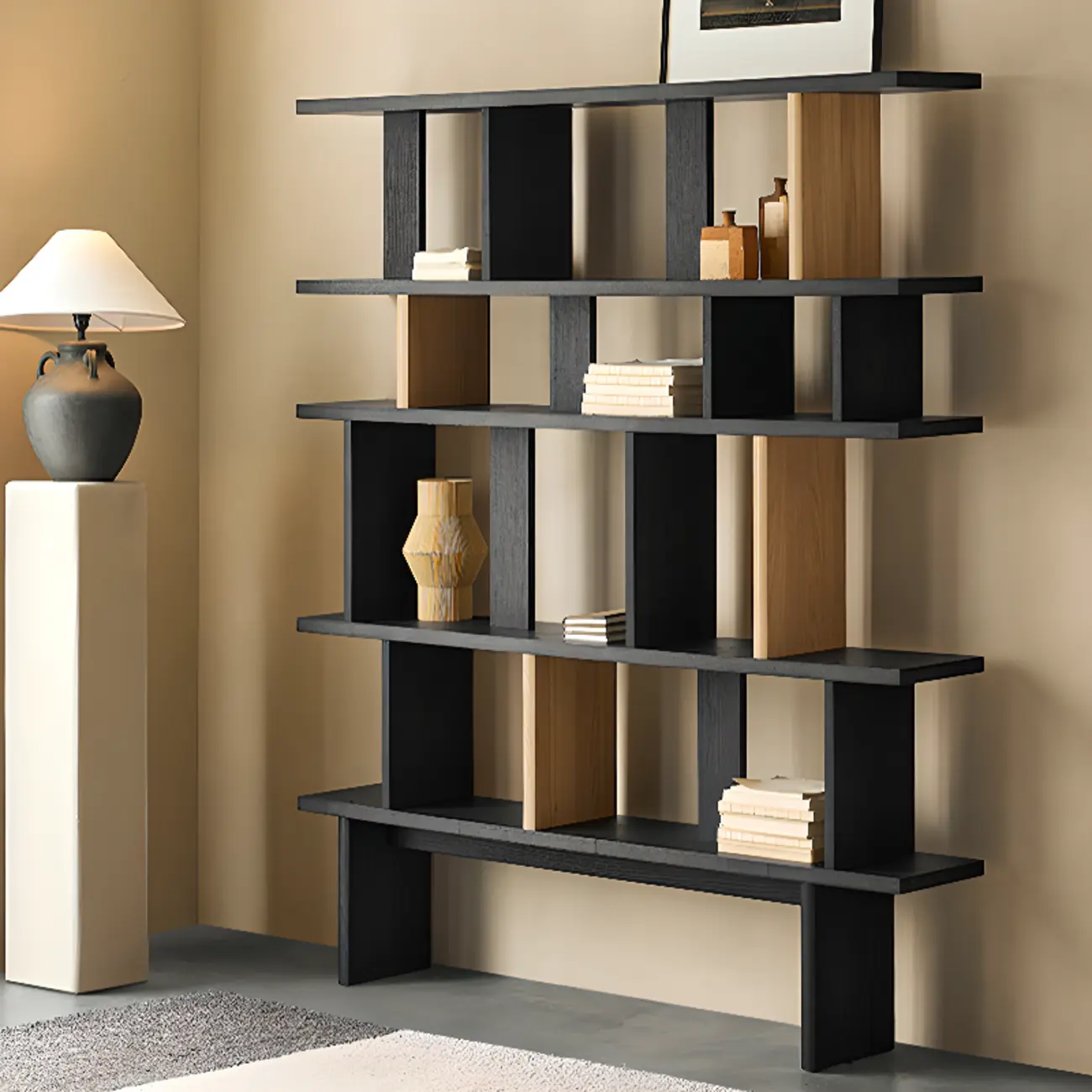 Modern Black Geometric Wooden Office Bookcase with Shelves Image - 5 | homeyfad