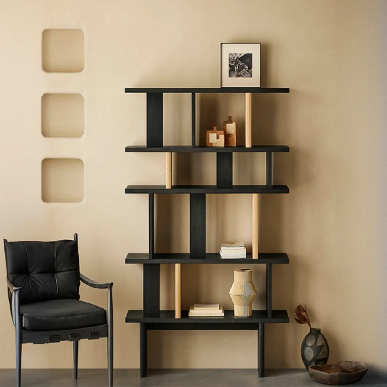 Modern Black Geometric Wooden Office Bookcase with Shelves Image - 1 | homeyfad