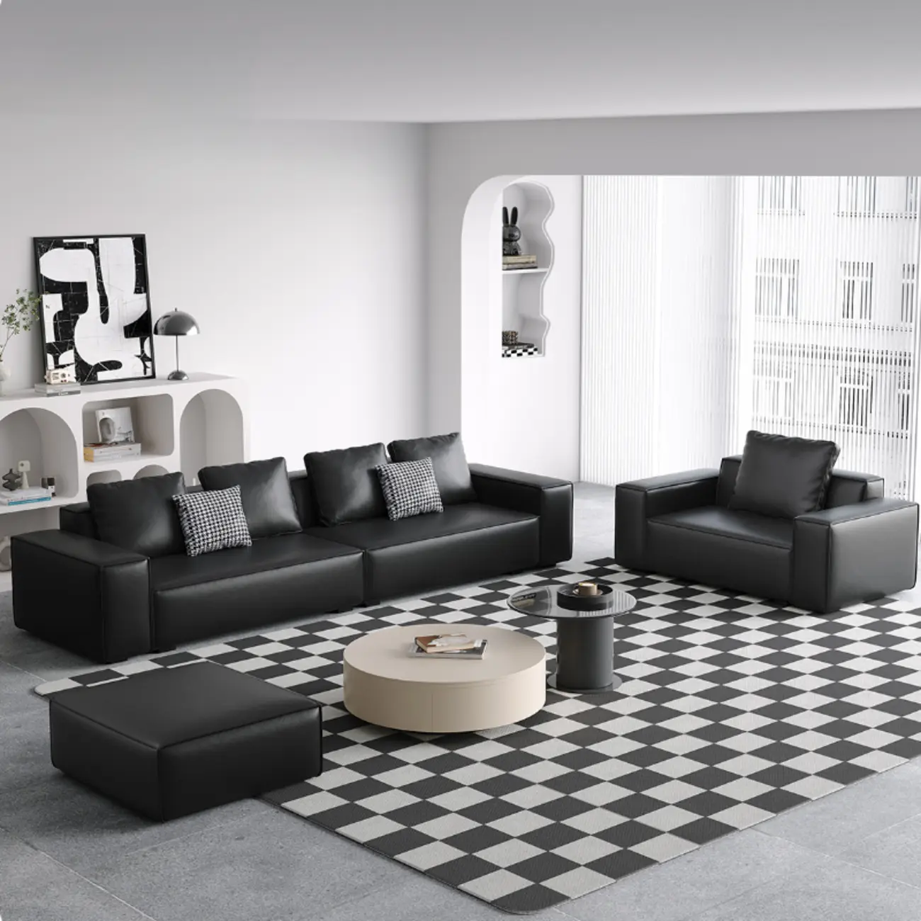 Modern Black Genuine Leather Single 3 Seater Upholstered Sofa for Living Room Image - 1 | homeyfad
