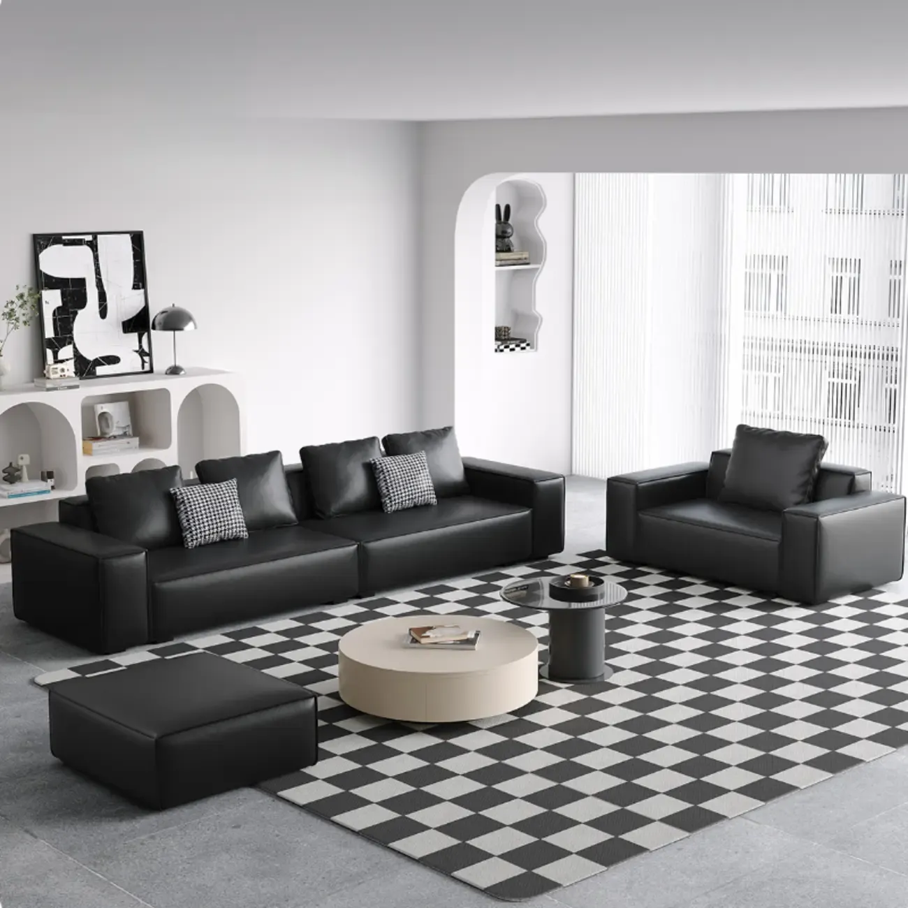 Modern Black Genuine Leather Single 3 Seater Upholstered Sofa for Living Room Image - 1