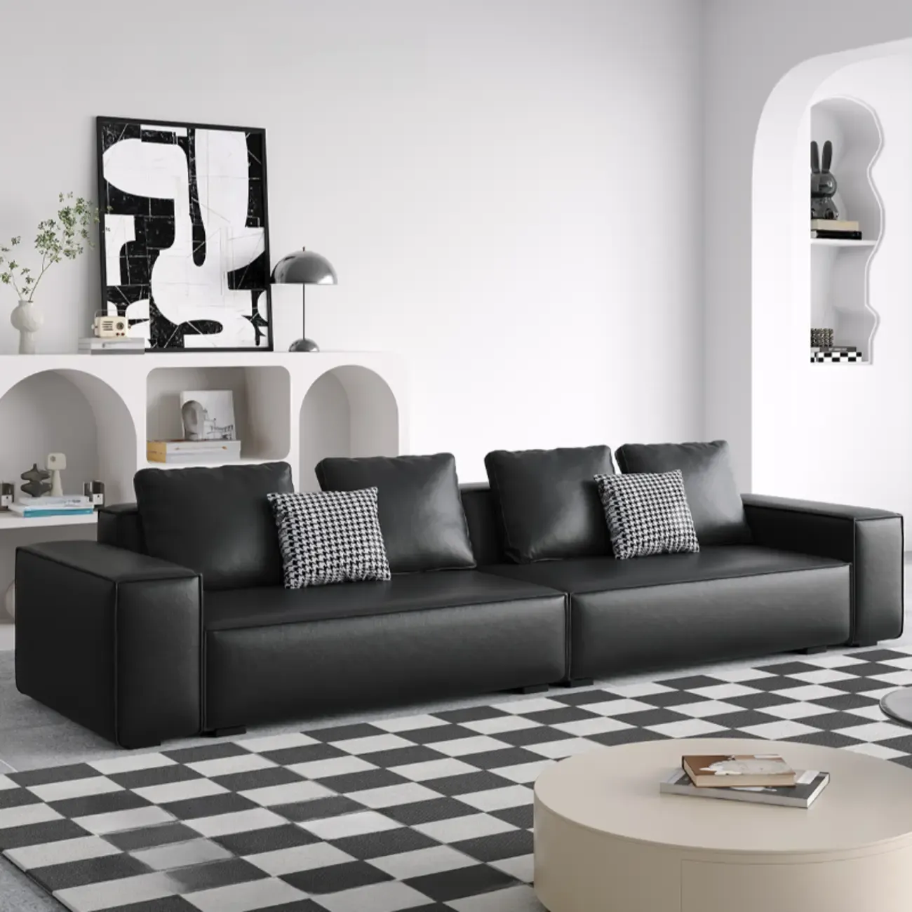 Modern Black Genuine Leather Single 3 Seater Upholstered Sofa for Living Room Image - 4