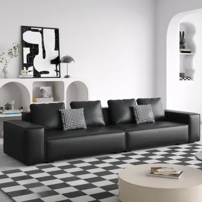 Modern Black Genuine Leather Single 3 Seater Upholstered Sofa for Living Room Image - 4