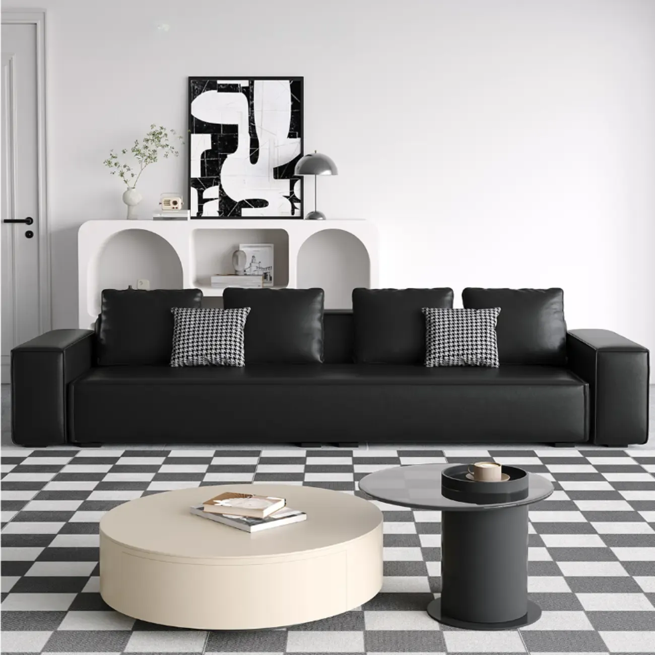 Modern Black Genuine Leather Single 3 Seater Upholstered Sofa for Living Room Image - 6