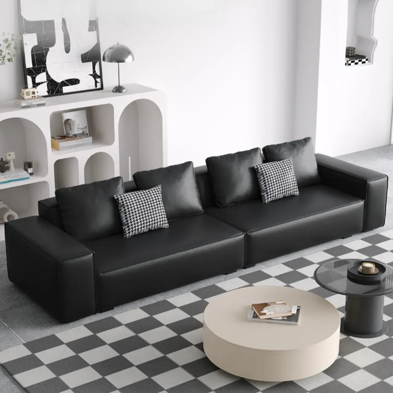 Modern Black Genuine Leather Single 3 Seater Upholstered Sofa for Living Room Image - 8
