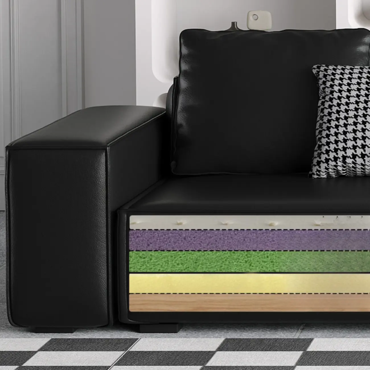 Modern Black Genuine Leather Single 3 Seater Upholstered Sofa for Living Room Image - 10 | homeyfad