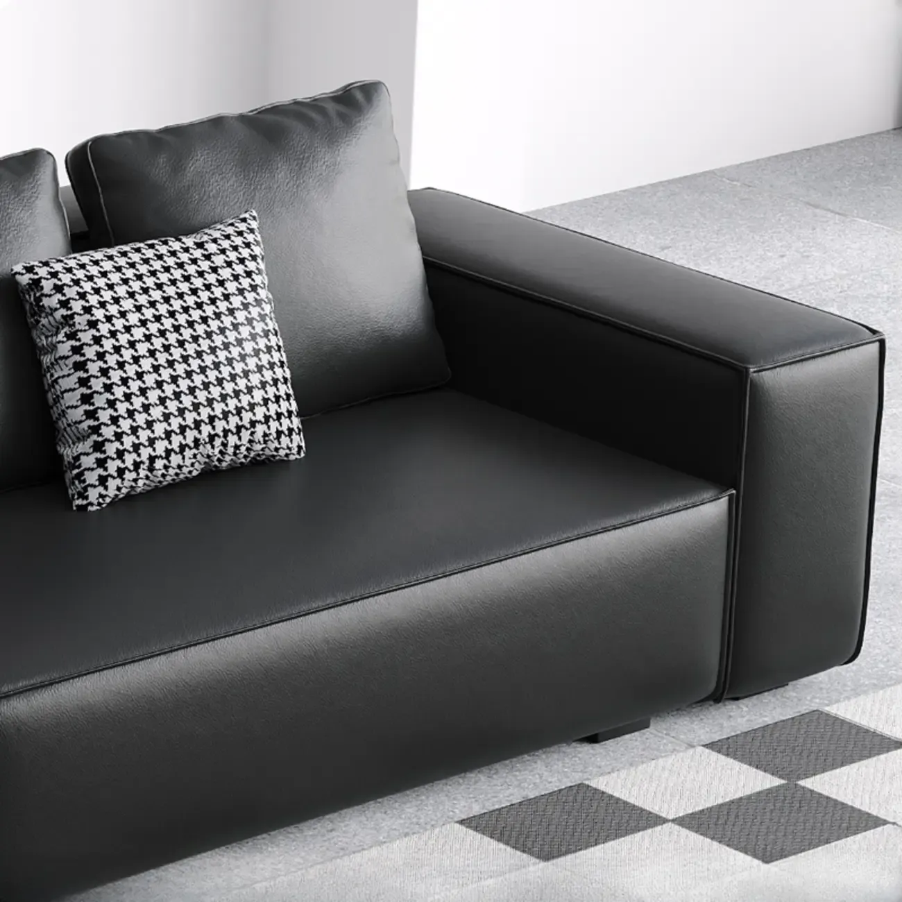 Modern Black Genuine Leather Single 3 Seater Upholstered Sofa for Living Room Image - 13