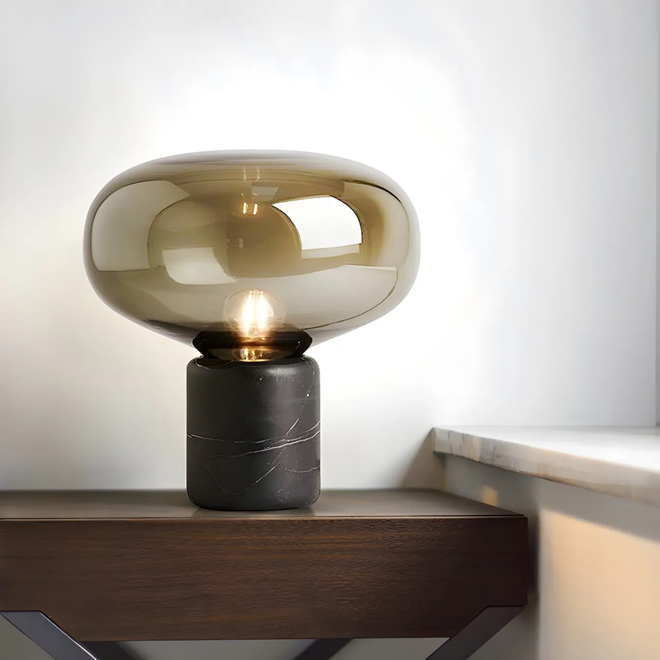 Modern Smoke Grey Glass Dome Table Lamp for Living Room Image - 2 | homeyfad