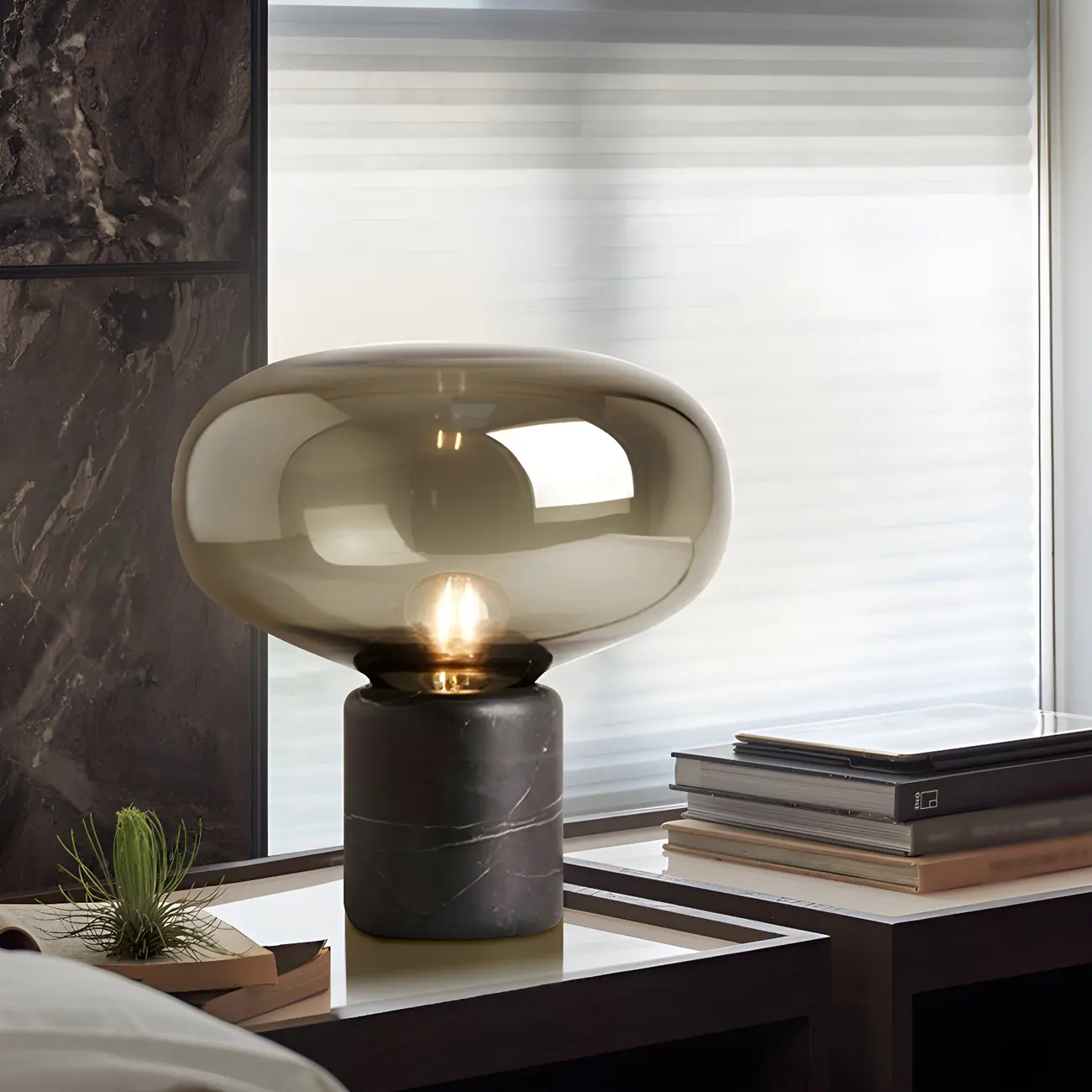 Modern Smoke Grey Glass Dome Table Lamp for Living Room Image - 3 | homeyfad