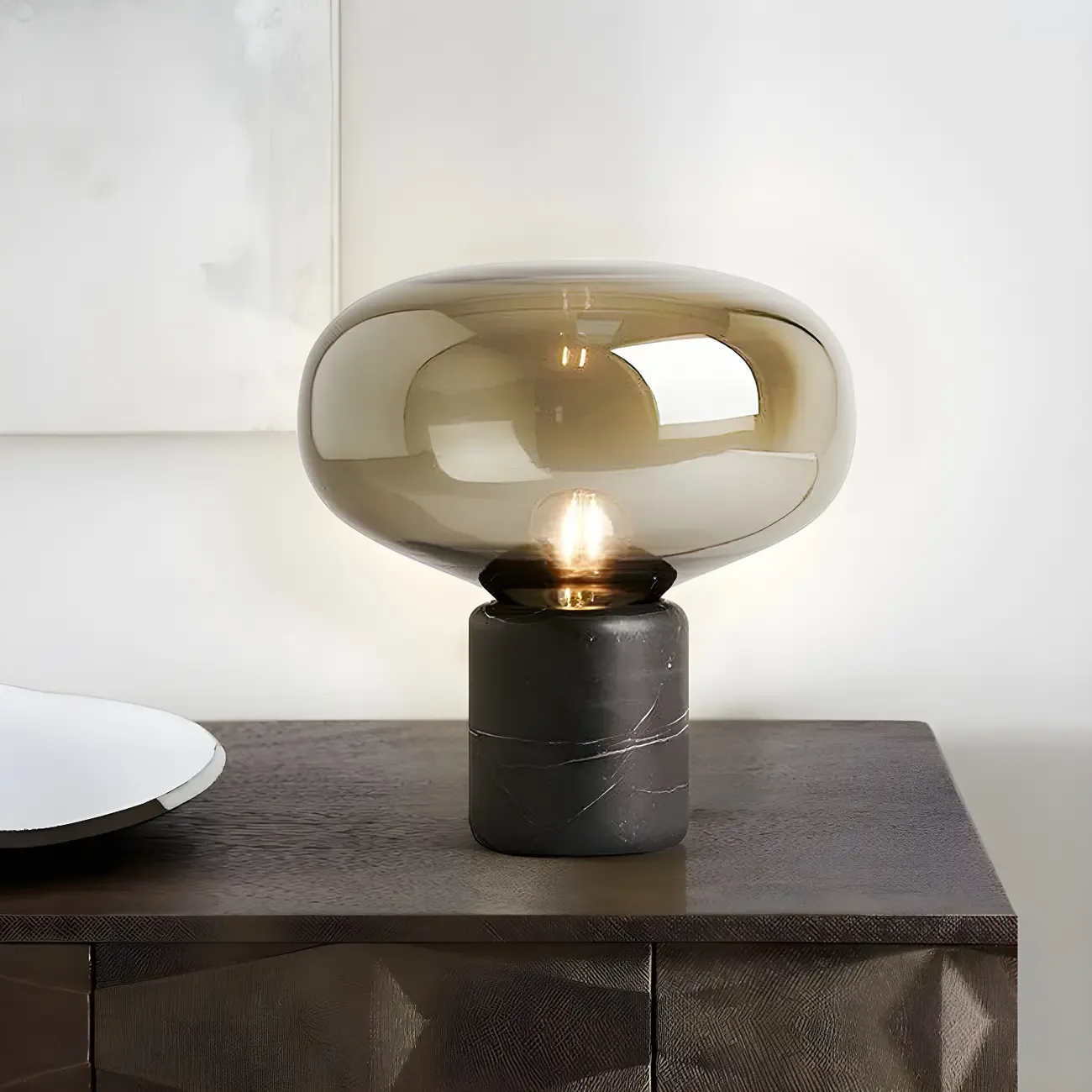 Modern Smoke Grey Glass Dome Table Lamp for Living Room Image - 4