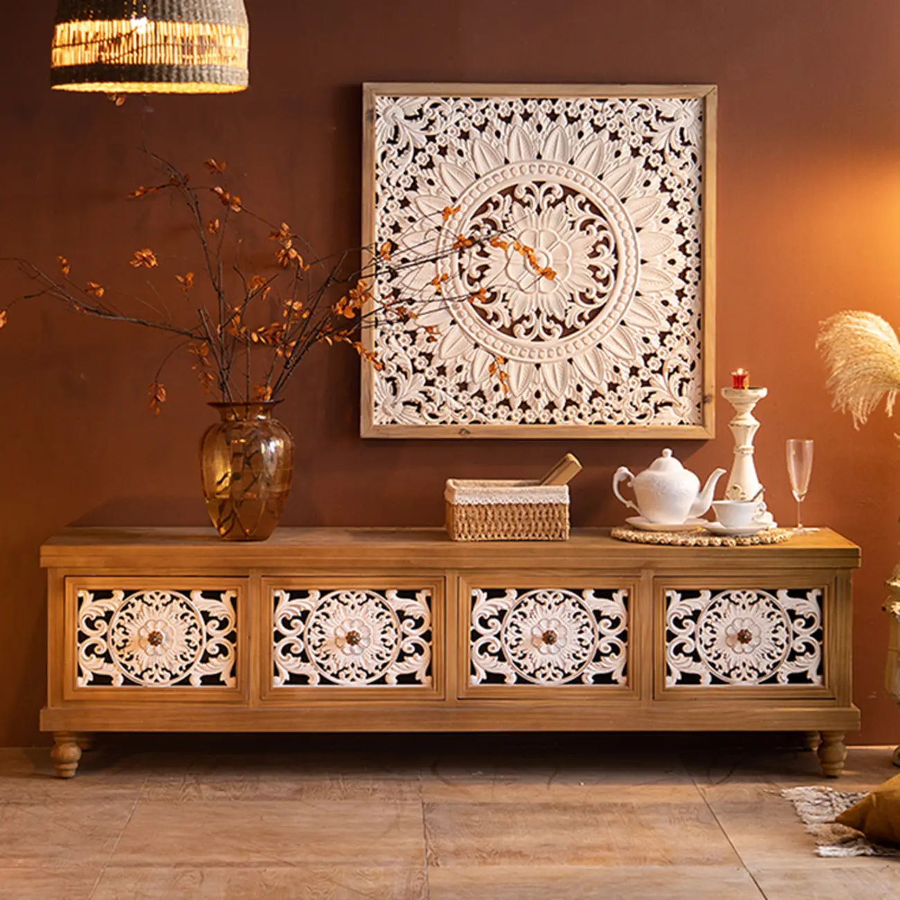 French Country Cabinet for Living Room with carved Doors Image - 2 | homeyfad