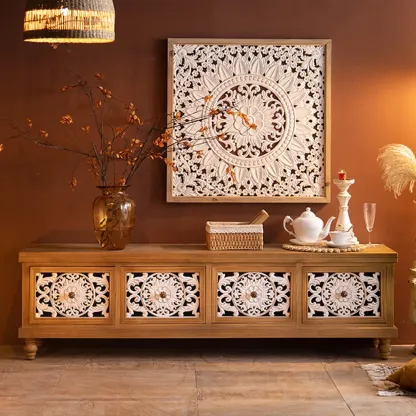 French Country Cabinet for Living Room with carved Doors Image - 2