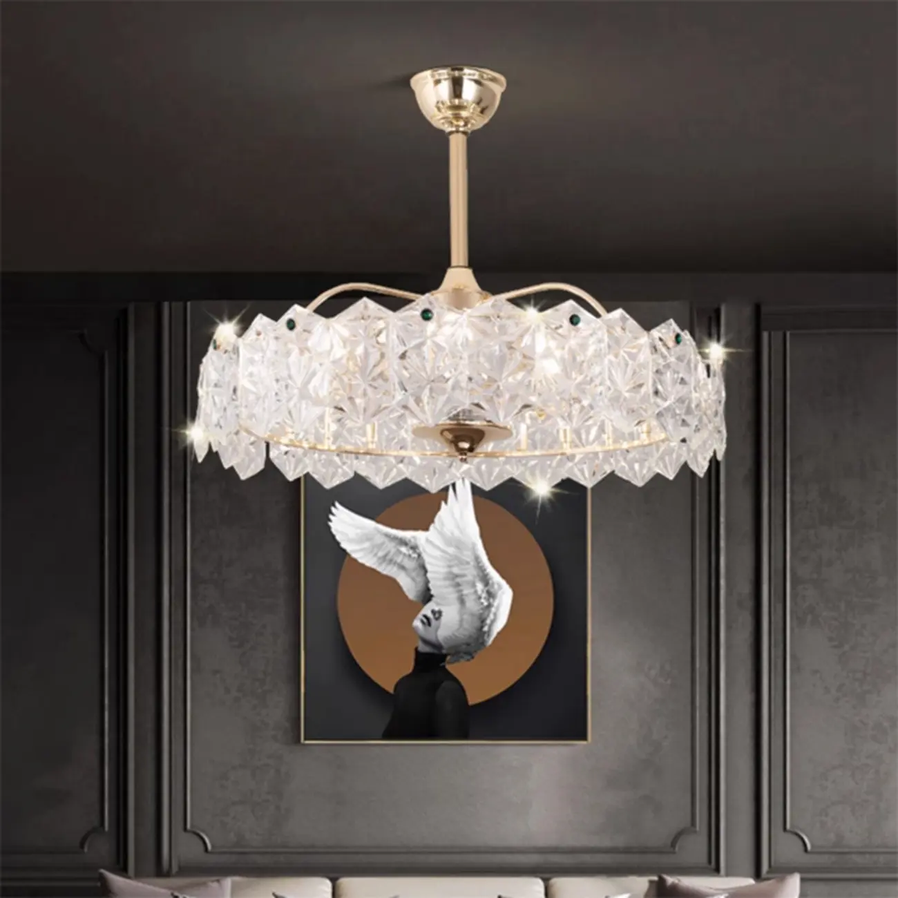 3-Blade Gold Chandelier Ceiling Fan with Light and Remote Image - 1 | homeyfad