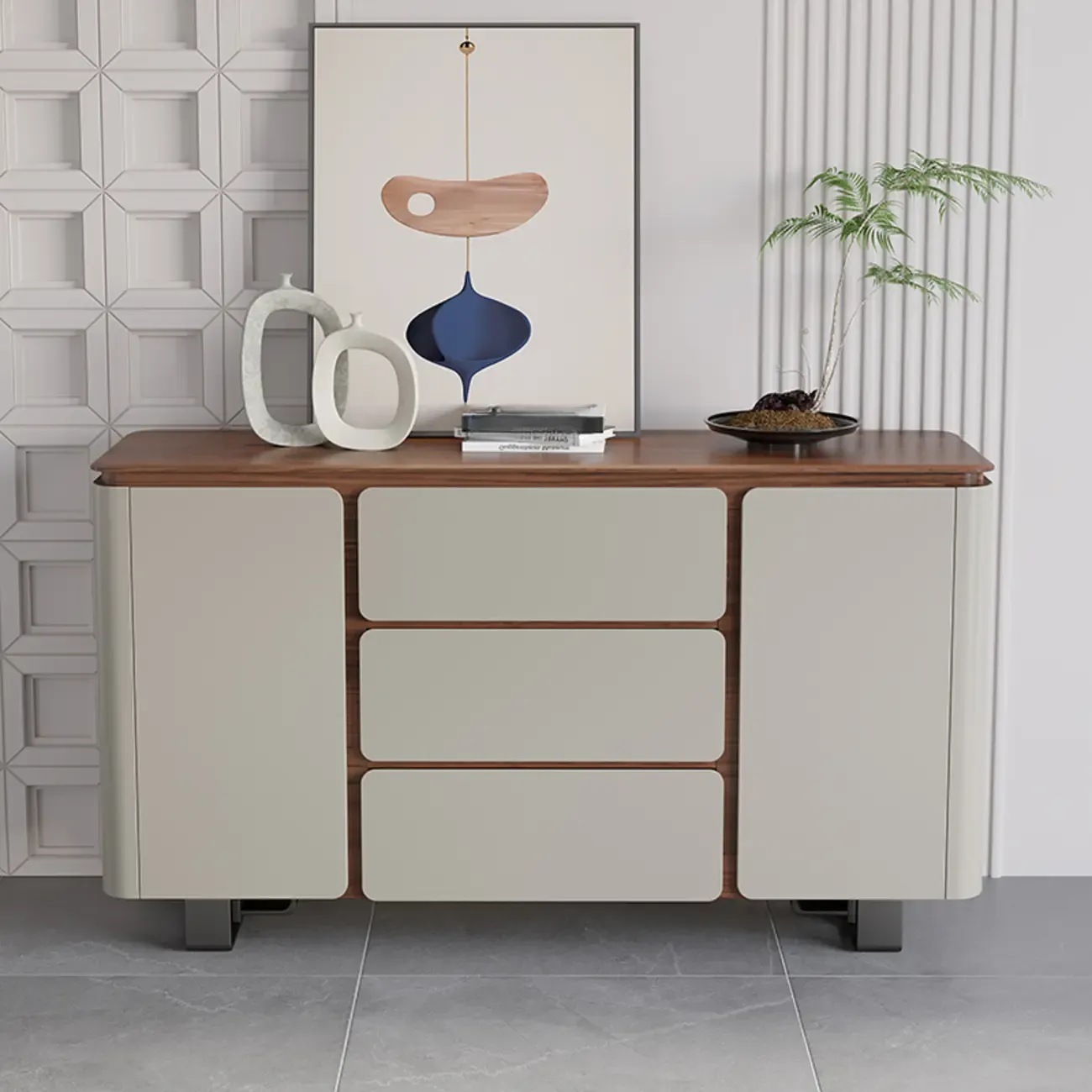 Modern Wooden Sideboard with Mirrored Accents and Storage Image - 2