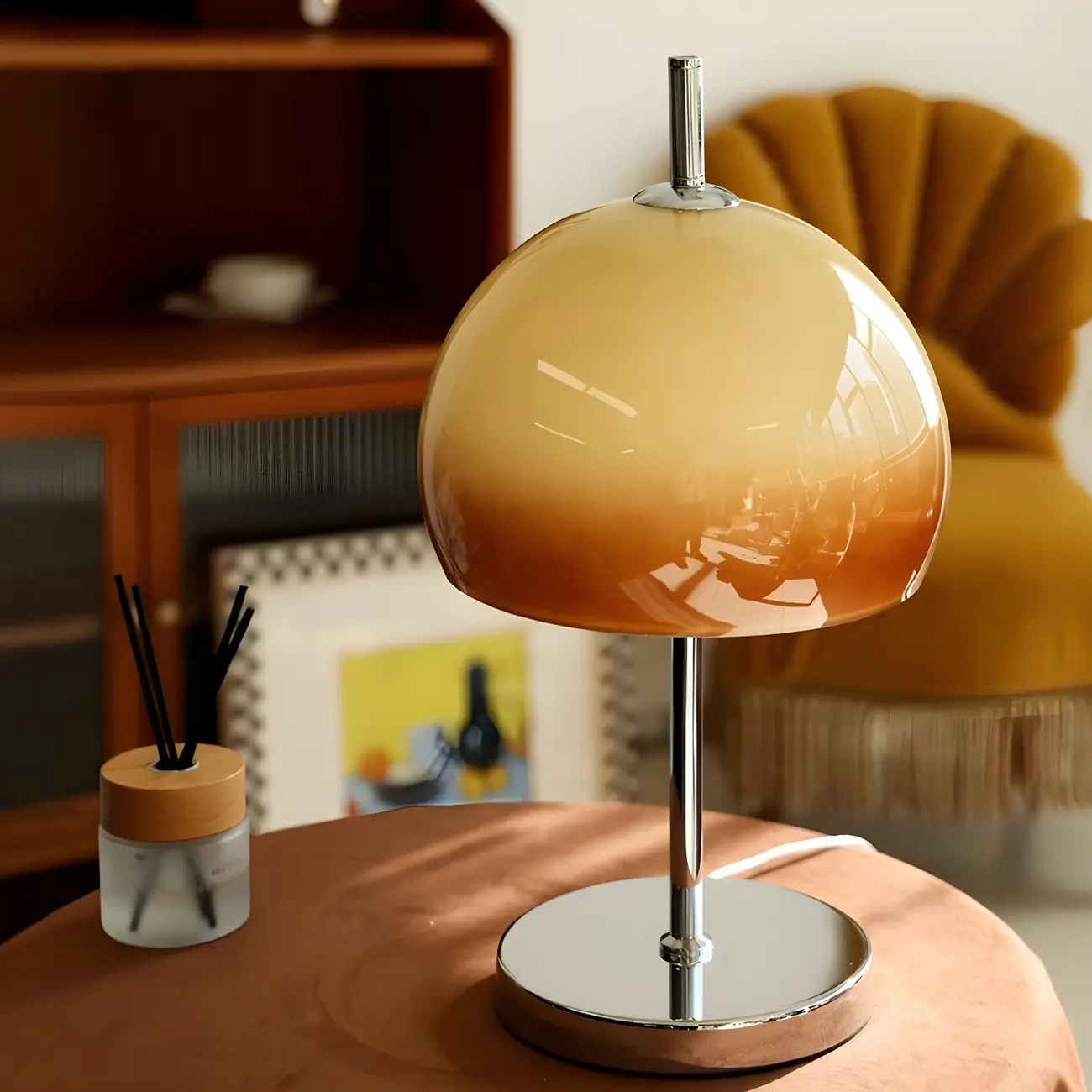 Caramel Gradient Glass Dome Table Lamp Stainless Steel Base Image - 2 | homeyfad