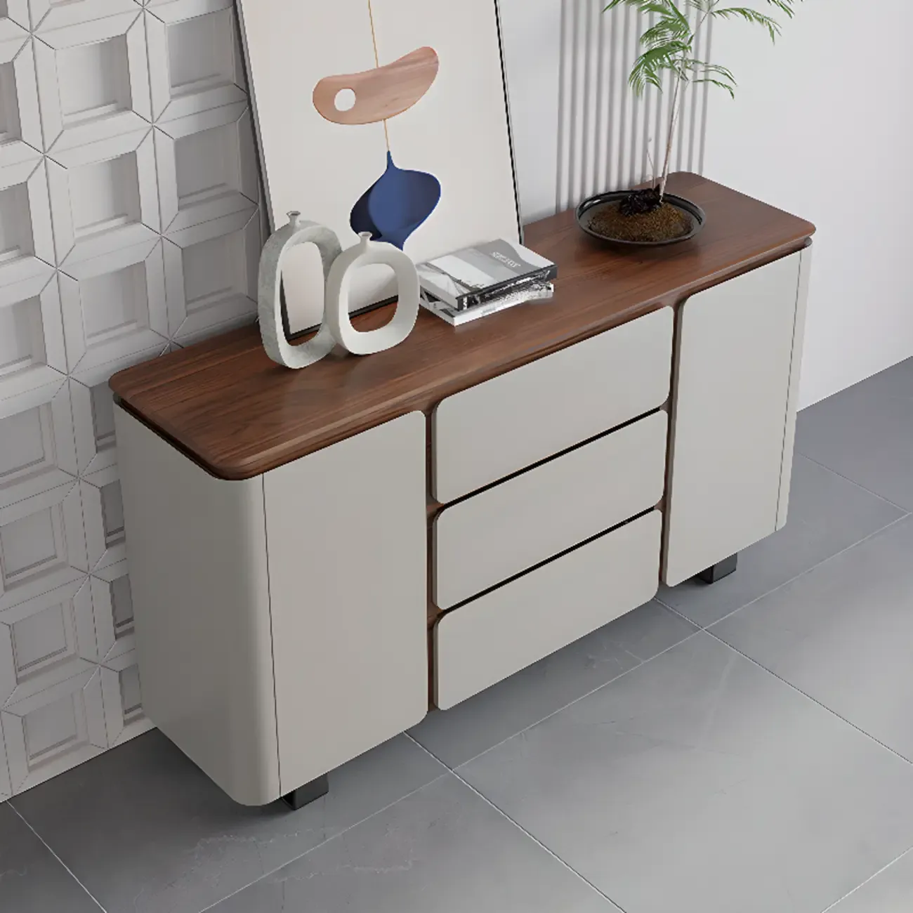 Modern Wooden Sideboard with Mirrored Accents and Storage Image - 4