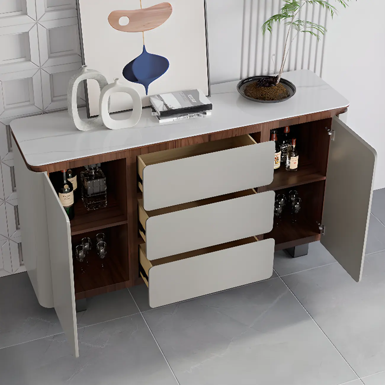 Modern Wooden Sideboard with Mirrored Accents and Storage Image - 5 | homeyfad