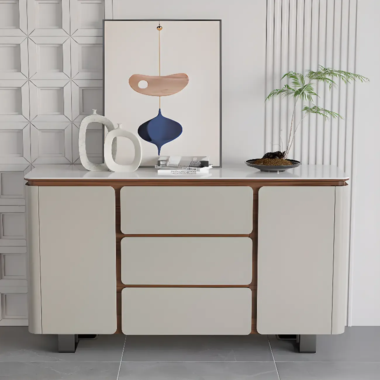 Modern Wooden Sideboard with Mirrored Accents and Storage Image - 6