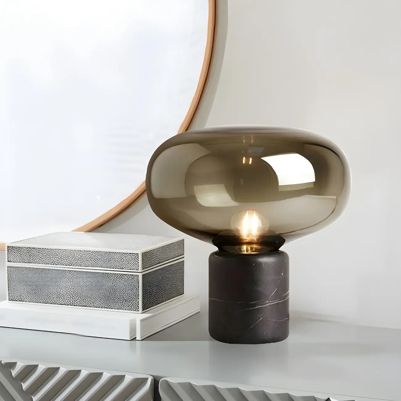 Modern Smoke Grey Glass Dome Table Lamp for Living Room Image - 11