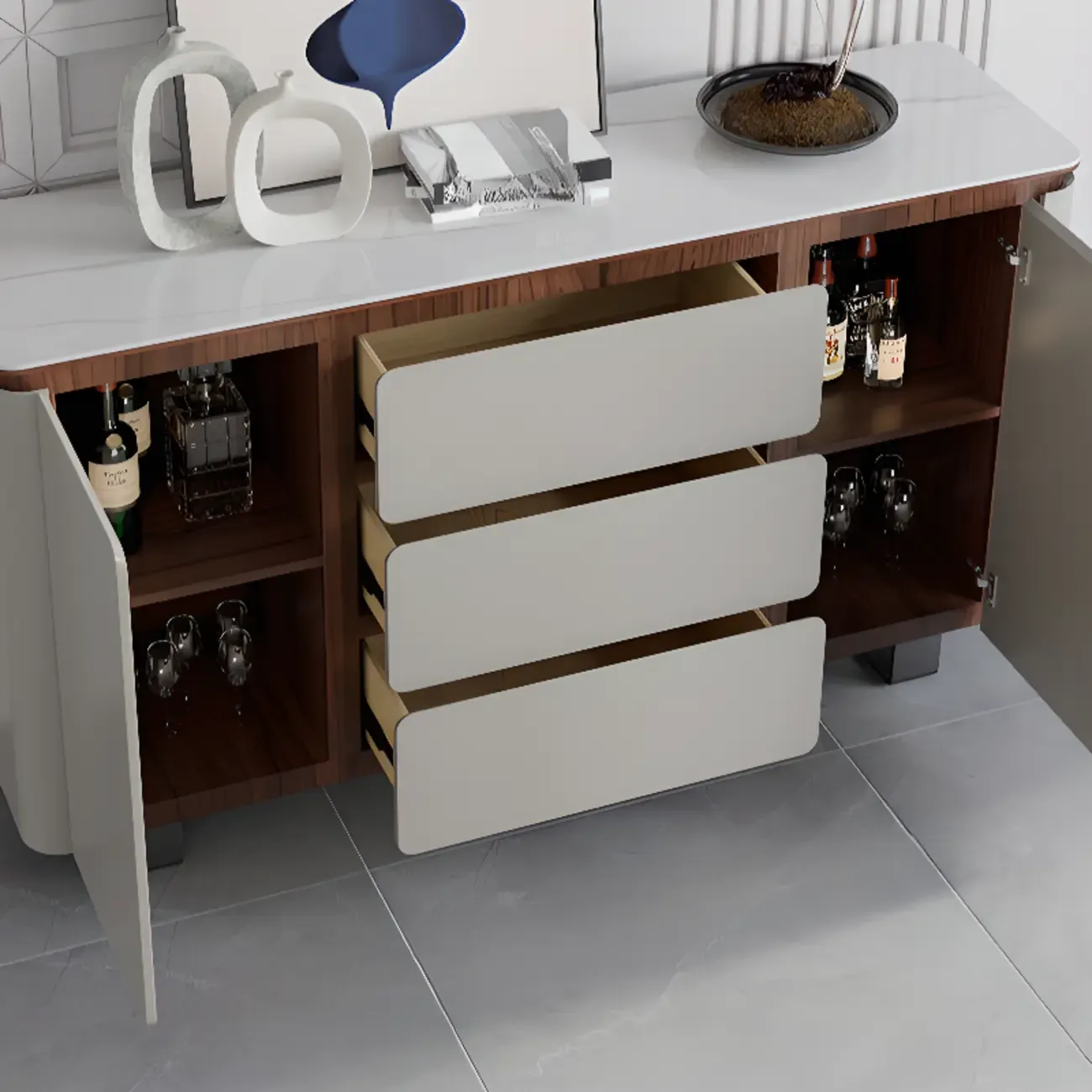 Modern Wooden Sideboard with Mirrored Accents and Storage Image - 10