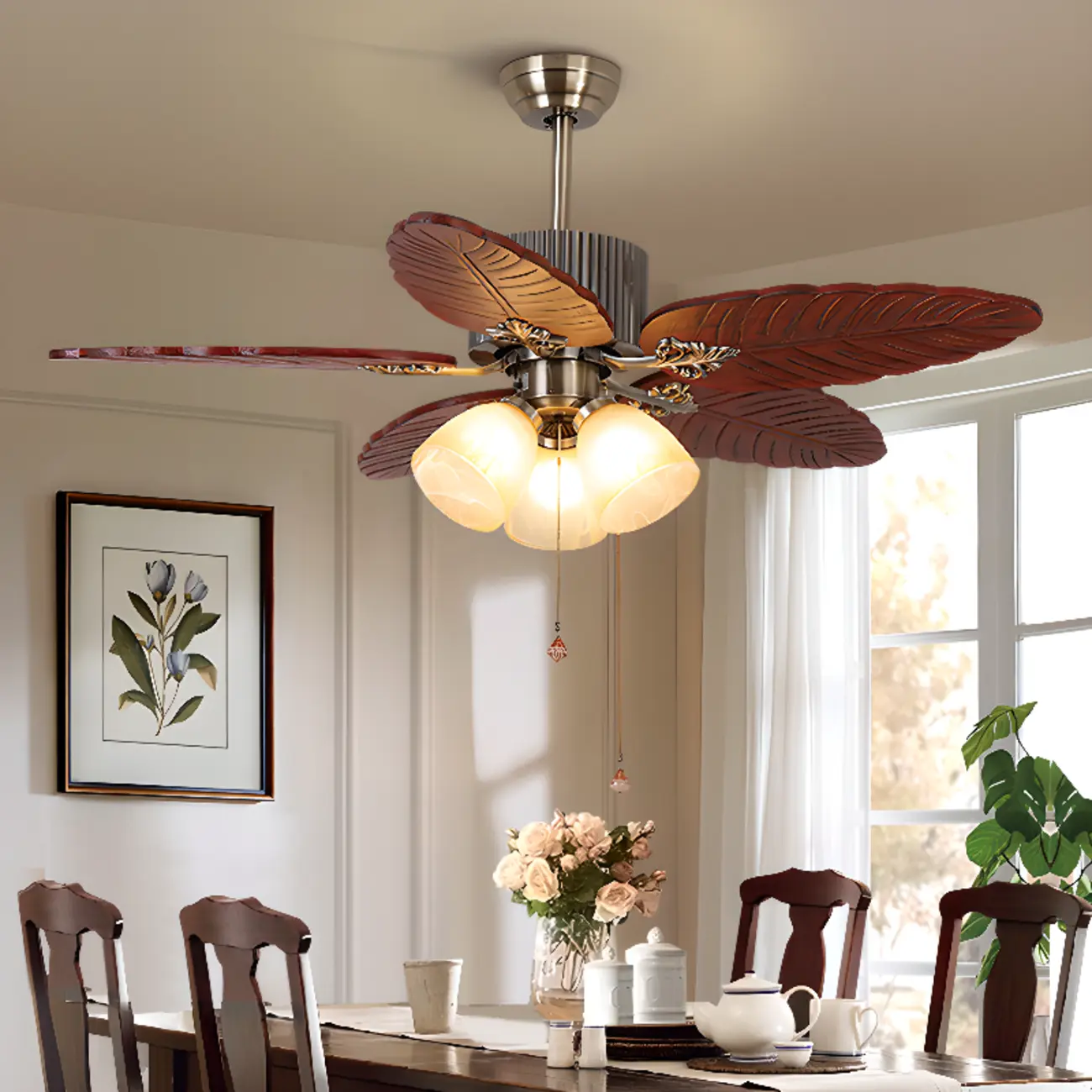 52" 3-Light Windmill Ceiling Fan with Wooden Leaf Blades Image - 1 | homeyfad