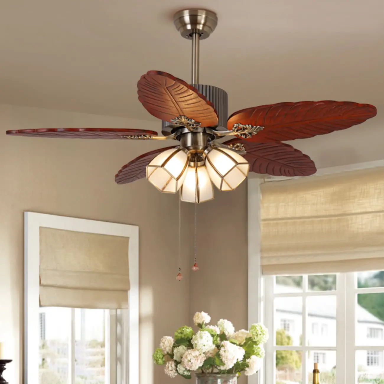 52" 3-Light Windmill Ceiling Fan with Wooden Leaf Blades Image - 6 | homeyfad