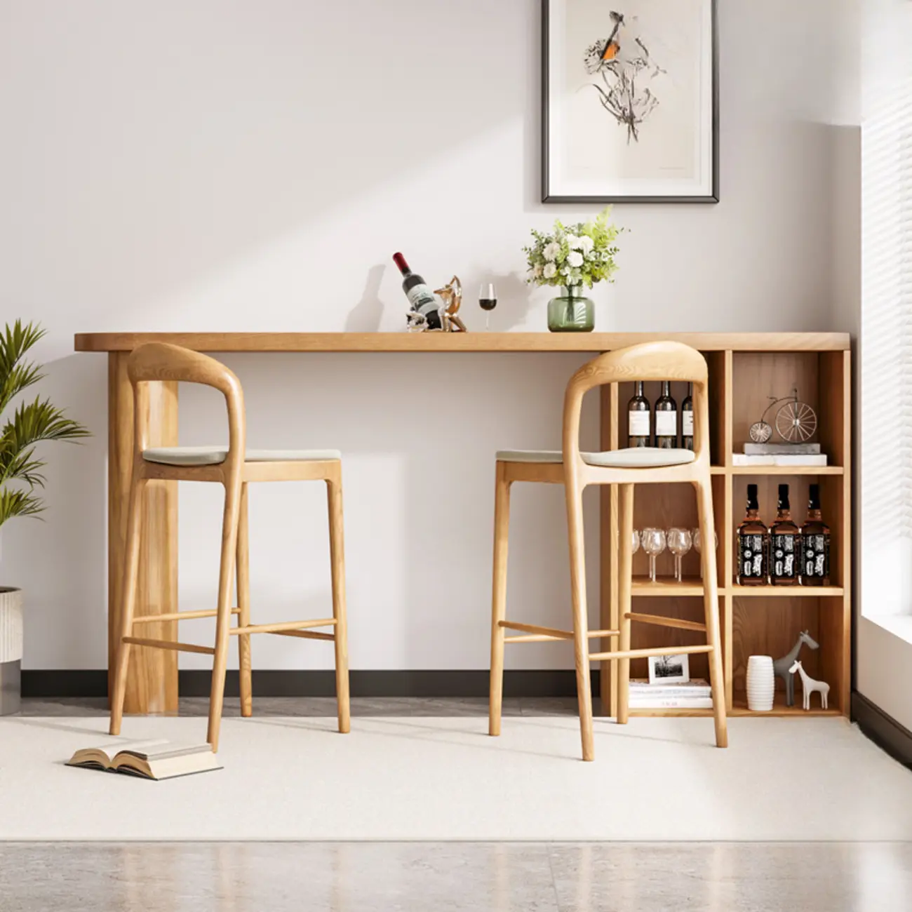 Natural Pine Home Bar with Shelves and Upholstered Chairs Image - 1 | homeyfad