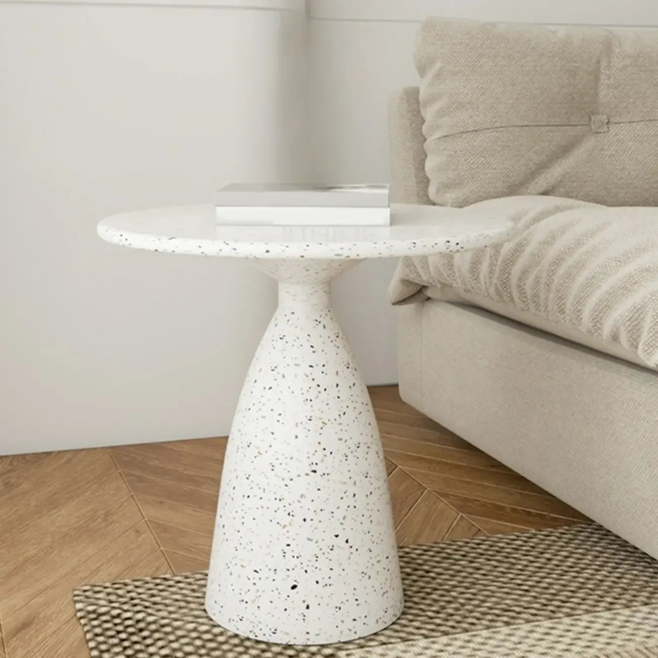 Modern Round Beige Metal End Table for Living Room Image - 2