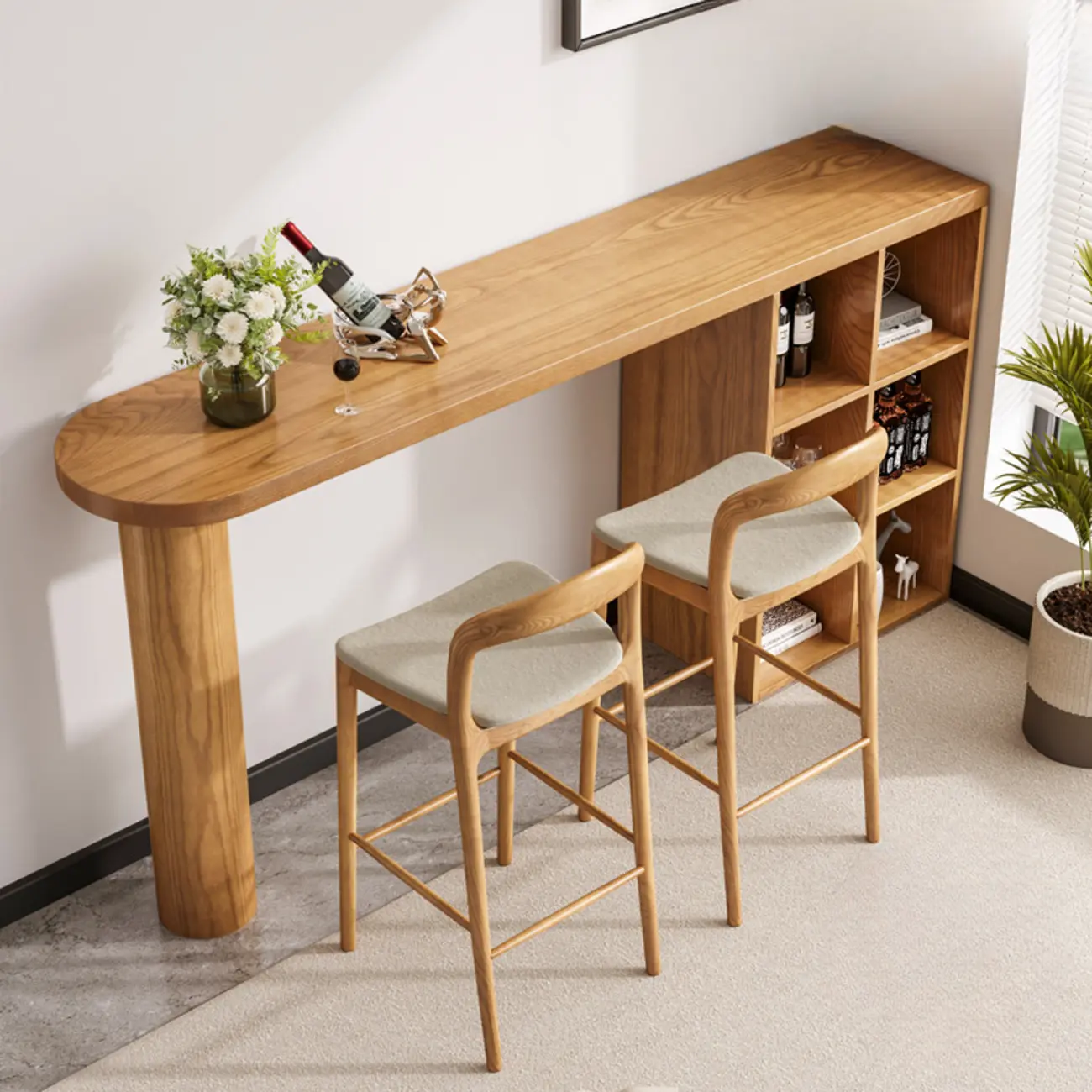 Natural Pine Home Bar with Shelves and Upholstered Chairs Image - 2 | homeyfad