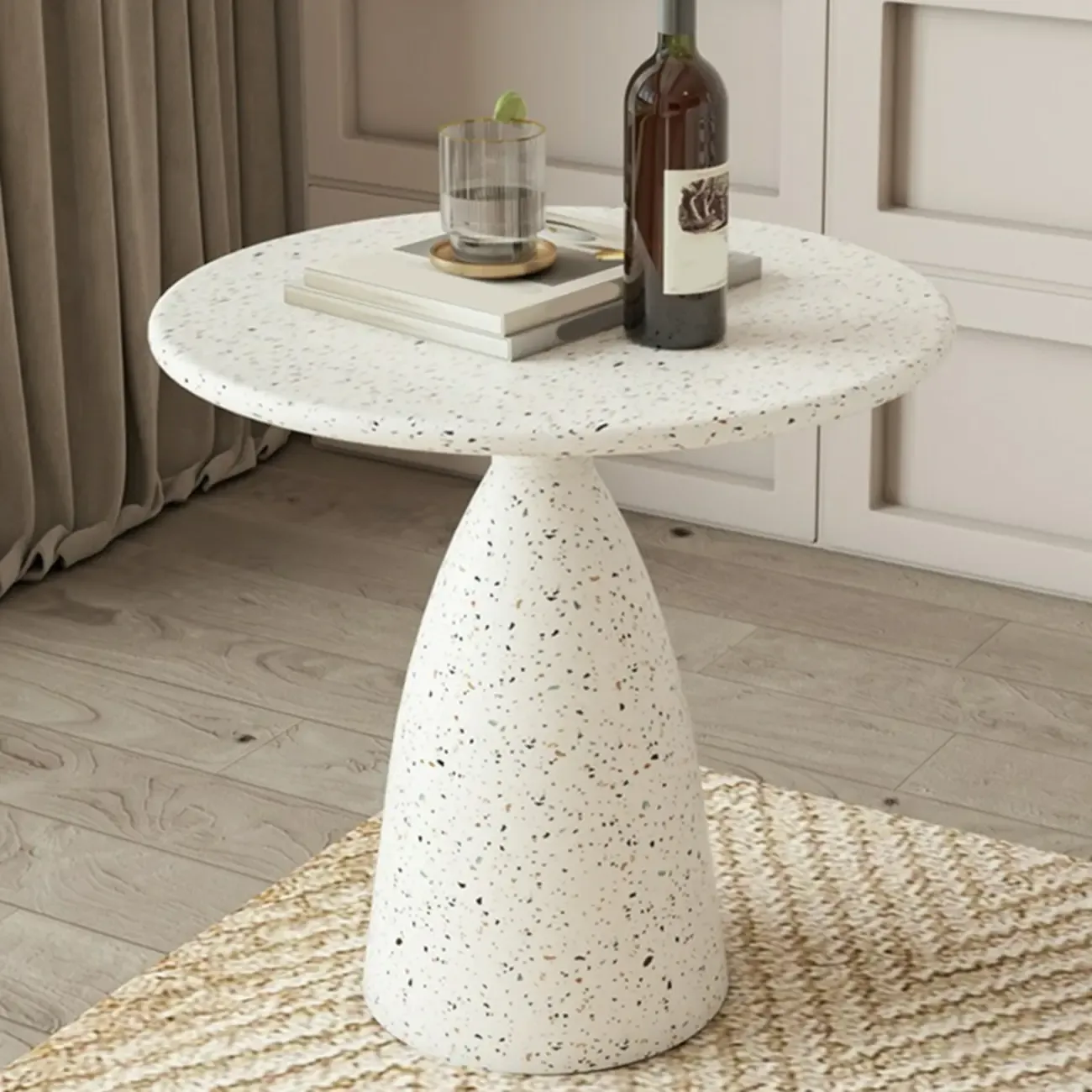 Modern Round Beige Metal End Table for Living Room Image - 3