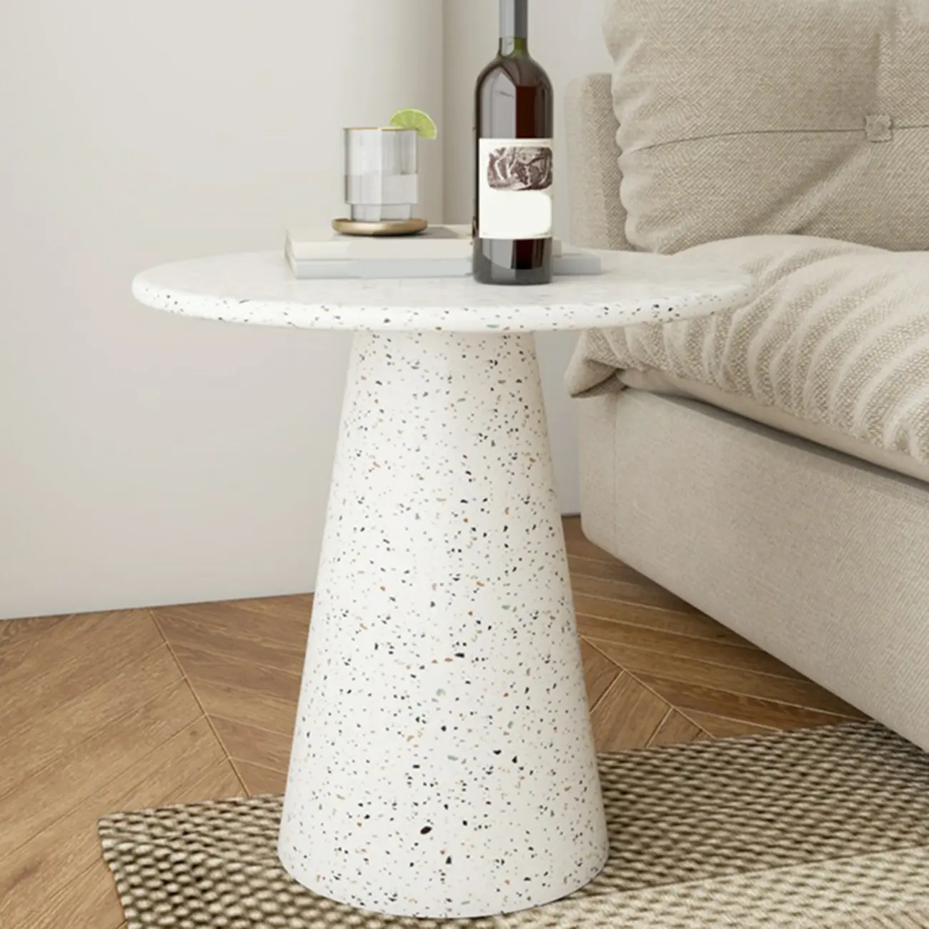 Modern Round Beige Metal End Table for Living Room Image - 4 | homeyfad