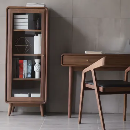 Mid-Century Brown Accent Cabinet with glass Door & 2 Drawers Image - 2