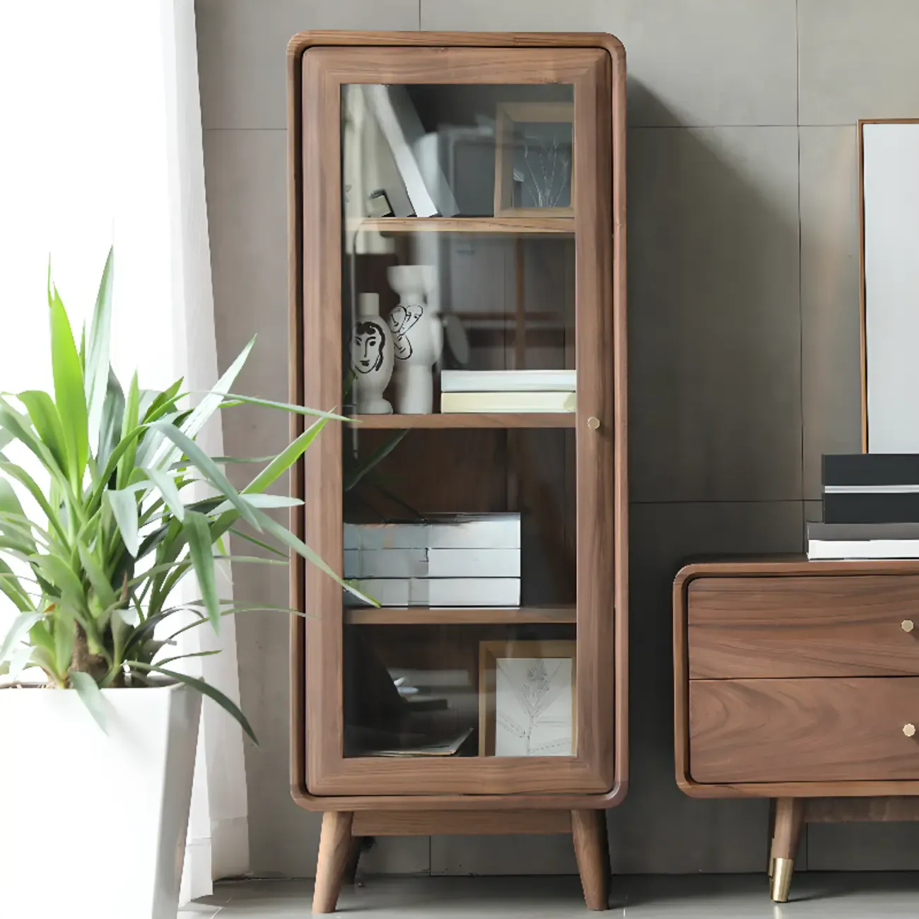 Mid-Century Brown Accent Cabinet with glass Door & 2 Drawers Image - 3