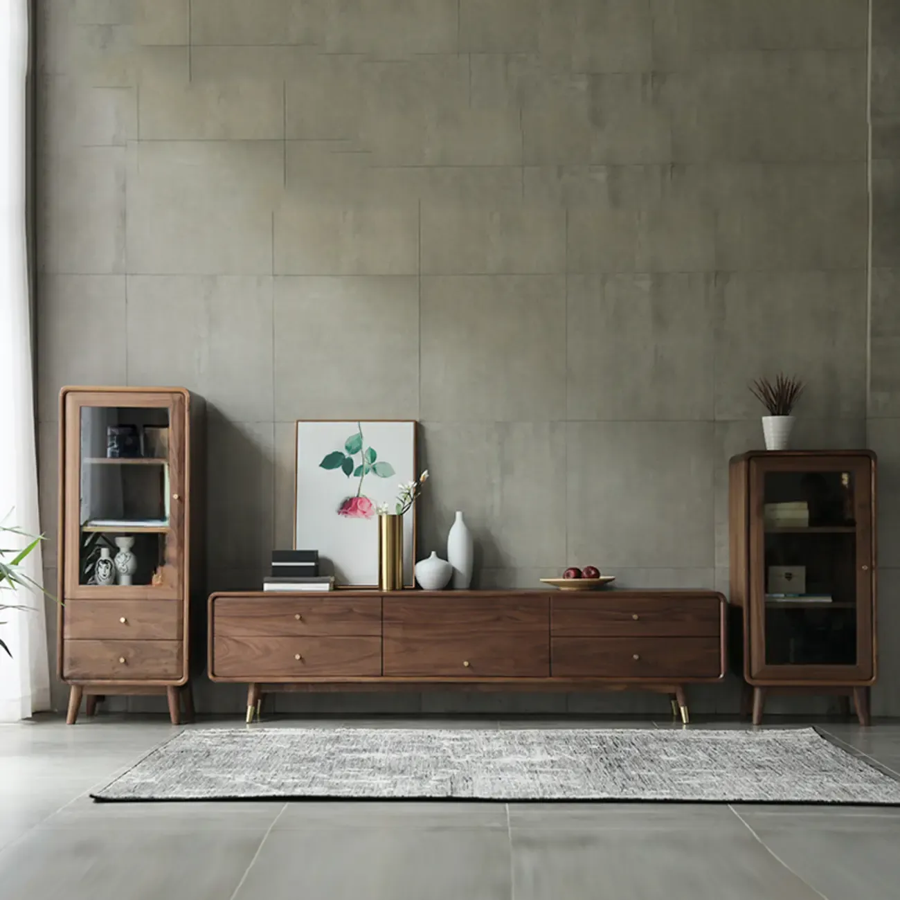 Mid-Century Brown Accent Cabinet with glass Door & 2 Drawers Image - 4