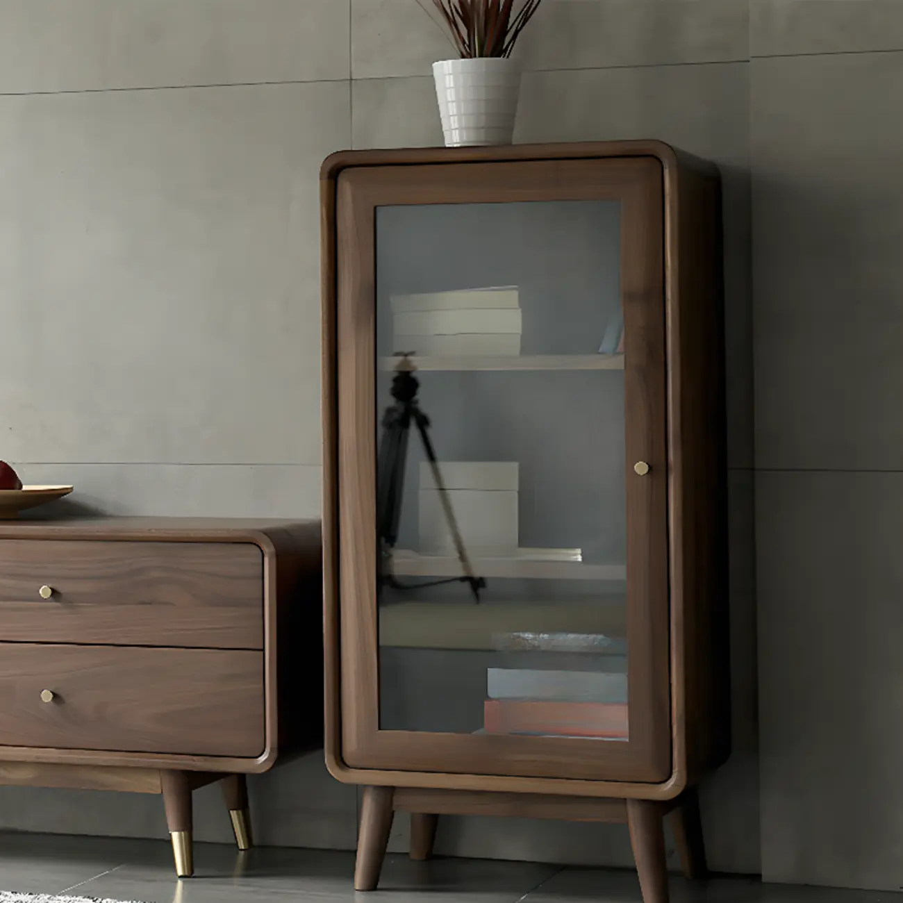 Mid-Century Brown Accent Cabinet with glass Door & 2 Drawers Image - 5 | homeyfad