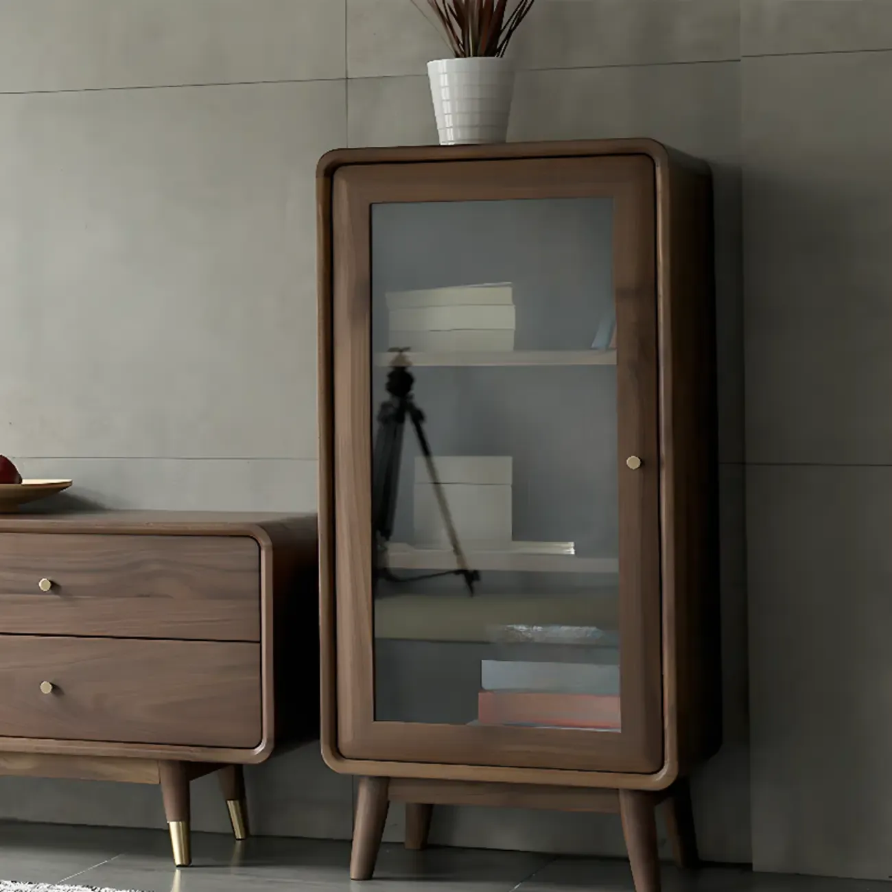 Mid-Century Brown Accent Cabinet with glass Door & 2 Drawers Image - 5